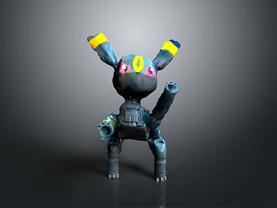 Black Character Creature Figure With Yellow Blue Tip Ears Colorful Eyes And Mechanical Armor Design 3d model