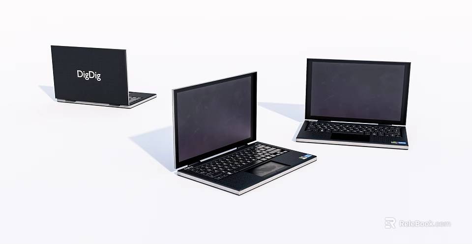 Three Sleek Black DigDi Laptops Displayed On White Background With Modern Design 3d model 