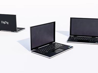 Three Sleek Black DigDi Laptops Displayed On White Background With Modern Design 3d model