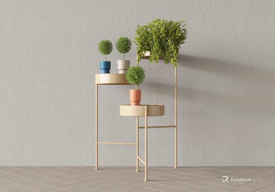 Stylish Gold Metal Plant Stand With Various Colored Pots And Green Plants Home Interior 3d model 