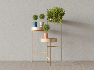 Stylish Gold Metal Plant Stand With Various Colored Pots And Green Plants Home Interior 3d model