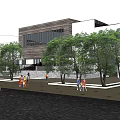 Modern Public Building Exterior With Wooden Panels Glass Windows And Plaza Area