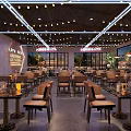 Modern Restaurant Interior Design With Round Tables Bar Counter Neon Lights And Wine Racks