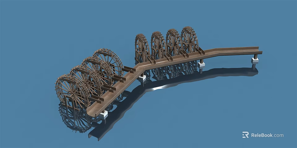 Decorative Garden Ornament Featuring Multiple Wooden Water Wheels And Bridge Structure 3d model 