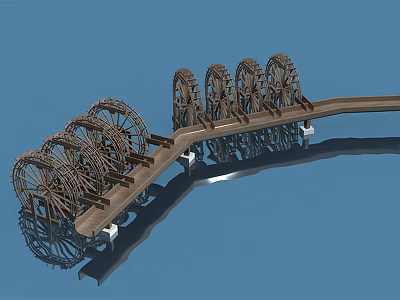 Decorative Garden Ornament Featuring Multiple Wooden Water Wheels And Bridge Structure 3d model