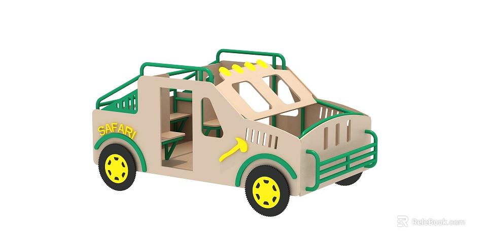 Kids Safari Themed Playground Vehicle With Beige Green Frame And Yellow Wheels 3d model 