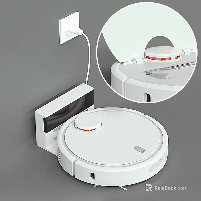White Robotic Vacuum Cleaner With Charging Dock And Red Indicator Light Design 3d model