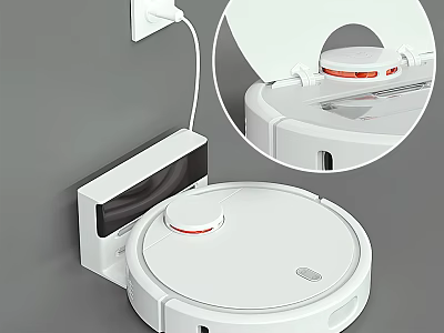 White Robotic Vacuum Cleaner With Charging Dock And Red Indicator Light Design 3d model
