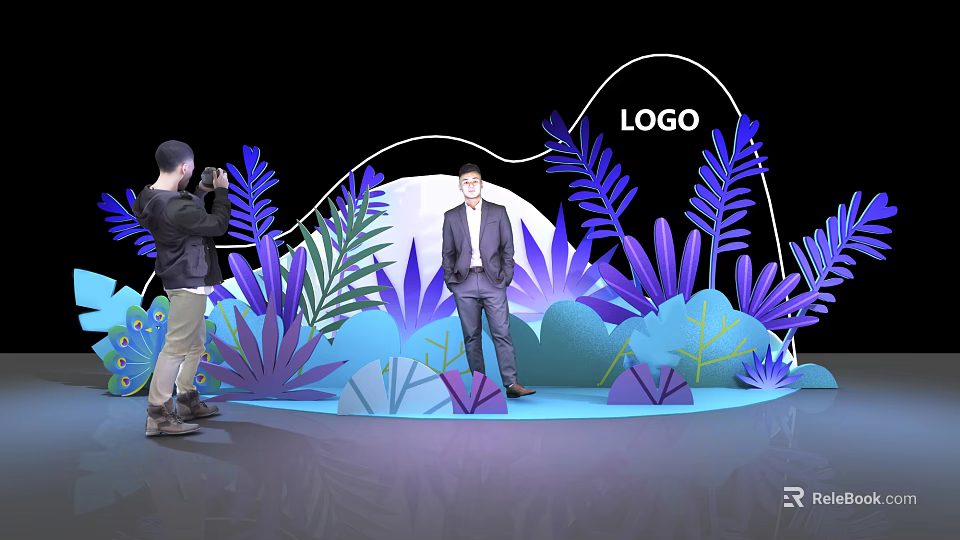 Man in Suit on Stage with Purple Blue Plants LOGO and Photographer Taking 3d model 