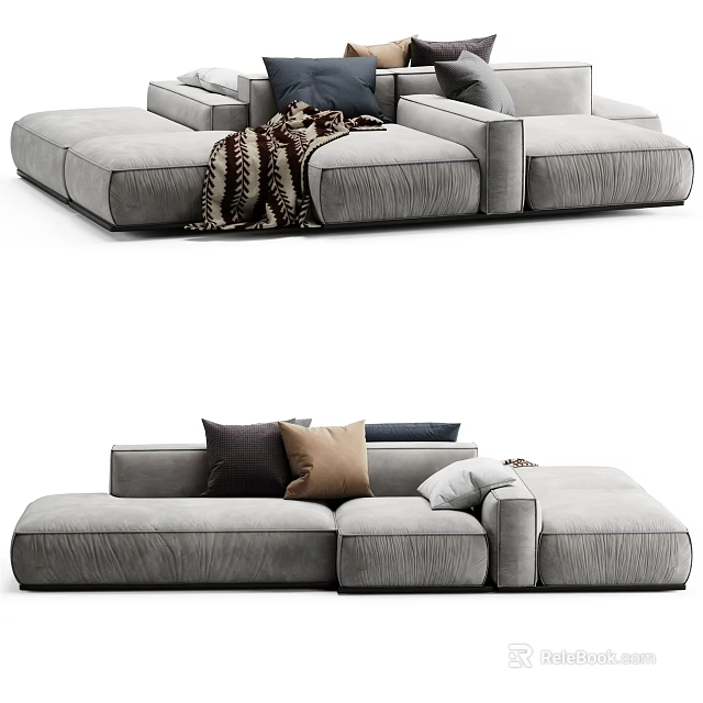 Modern Gray Sectional Sofa With Soft Decorative Pillows And Warm Blanket 3d model