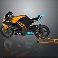 Motorcycle Black Orange Blue Sleek Design With Sporty Body Frame Wheels And Orange Kickstand