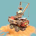 Heavy Duty Construction Vehicle With Crane And Red Blue Body On Sand Surface