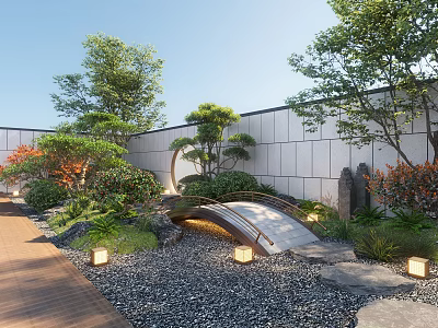Traditional Courtyard Garden With Stone Bridge Pebble Ground Lanterns Lush Trees And Wooden Pathway 3d model