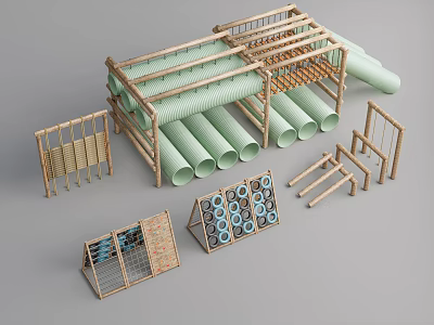 Outdoor Wooden Playground Equipment with Green Pipes Climbing Frames and Perforated Panels 3d model