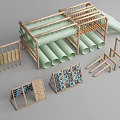 Outdoor Wooden Playground Equipment with Green Pipes Climbing Frames and Perforated Panels