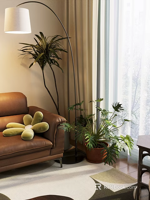 Bonsai Potted Plant in Living Room with Brown Leather Sofa Green Cushion and Window Curtains 3d model 