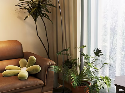 Bonsai Potted Plant in Living Room with Brown Leather Sofa Green Cushion and Window Curtains 3d model