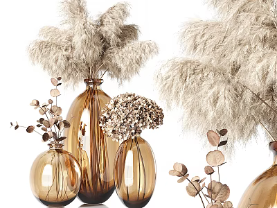 Golden Glass Vase Decorative Arrangement With Dried Pampas Grass And Eucalyptus Leaves 3d model