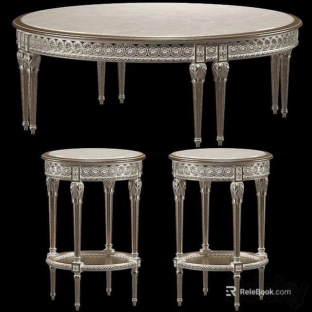 Elegant Carved Silver Coffee Table With Matching Side Tables And Ornate Design 3d model 