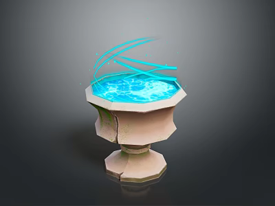 Intricate Stone Sculpture With Cracked Base Blue Glowing Liquid And Floating Lines 3d model