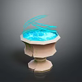 Intricate Stone Sculpture With Cracked Base Blue Glowing Liquid And Floating Lines