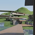 Hotel Building Surrounded By Green Hills And Waterfront Scenic Landscape With Curved Roads