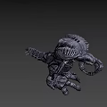 Game Movie Monster Character With Armored Head And Glowing Yellow Eyes Striped Body