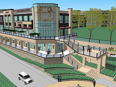 Modern Commercial Street Featuring Glass Facade Balconies Awnings Greenery And Pedestrians 3d model
