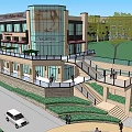 Modern Commercial Street Featuring Glass Facade Balconies Awnings Greenery And Pedestrians