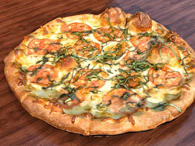 Freshly Baked Pizza Topped with Tomato Basil and Melted Cheese on Crispy Crust 3d model