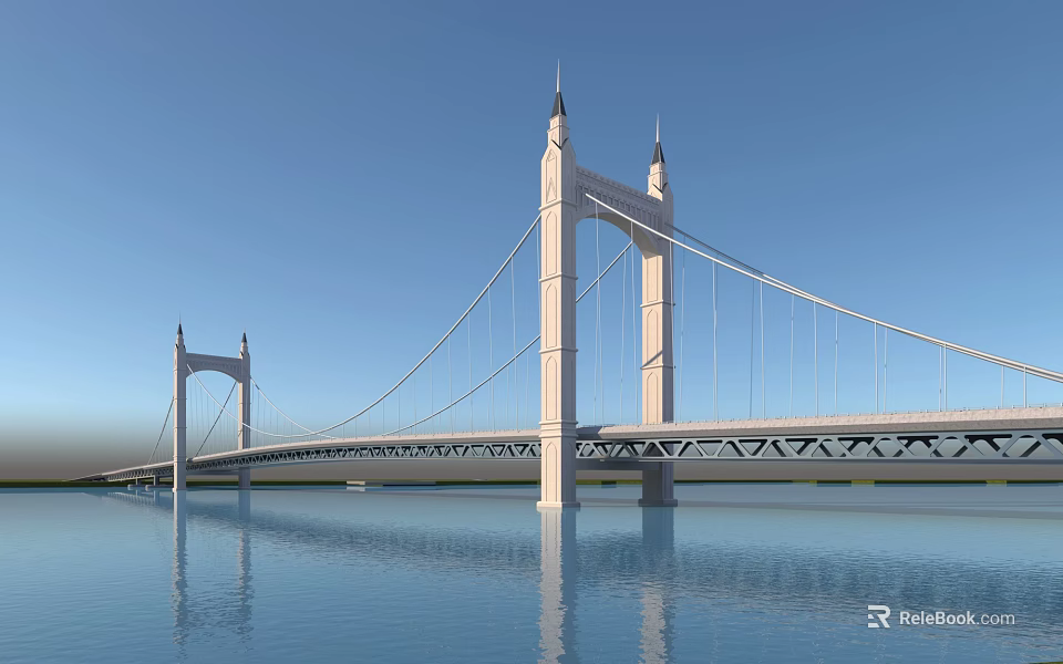 Modern Suspension Bridge With Tall Towers Over Calm Water Under Blue Sky And Clear Reflection 3d model 
