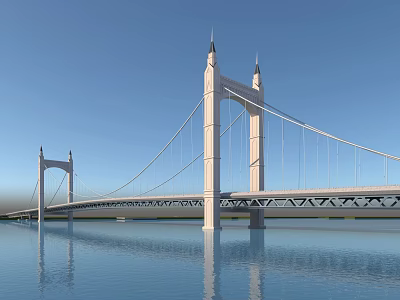 Modern Suspension Bridge With Tall Towers Over Calm Water Under Blue Sky And Clear Reflection 3d model