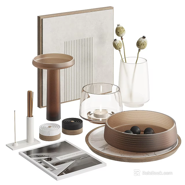 Minimalist Home Decor Ornament Set Featuring Vase Dried Flowers Candle Tray And Decorative Balls 3d model 