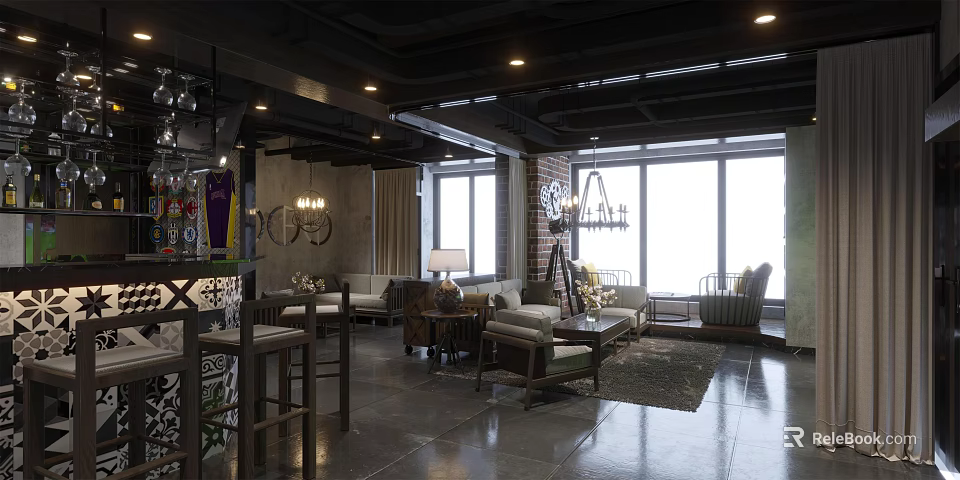 Modern Industrial Bar Interior With Sofa Seating Chandelier And Large Windows 3d model