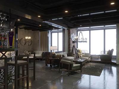 Modern Industrial Bar Interior With Sofa Seating Chandelier And Large Windows 3d model