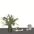 Decorative Ornament Set Featuring Glass Vase White Tulips Green Leaves Books Sphere Ornaments And Kettle