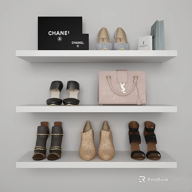 Various Stylish Shoes Placed on White Shelves with Chanel Bag Pink Purse and Boxes 3d model 