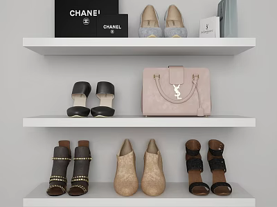 Various Stylish Shoes Placed on White Shelves with Chanel Bag Pink Purse and Boxes 3d model
