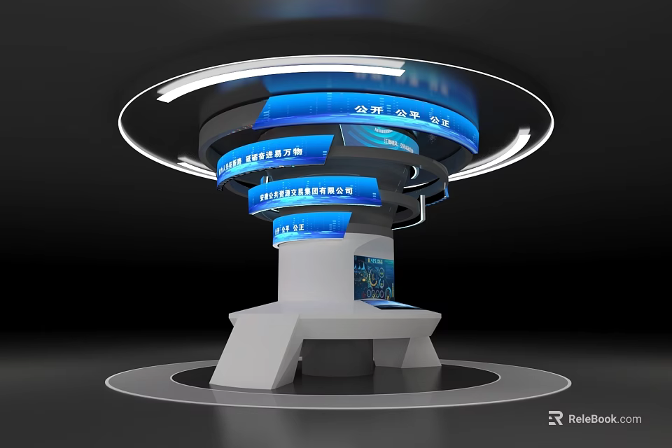 Modern Multi Tiered Display Stand With Blue Screens And Illuminated Design Elements 3d model