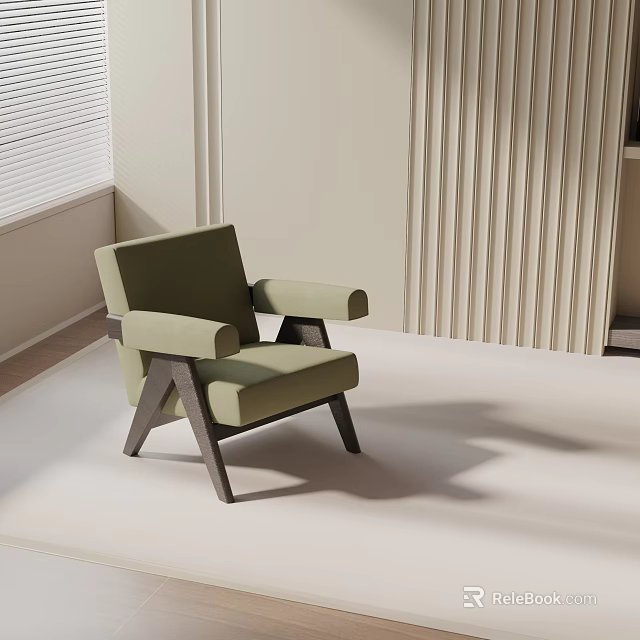 Olive Green Accent Chair With Dark Wood Frame In Modern Minimalist Room With Blinds 3d model 