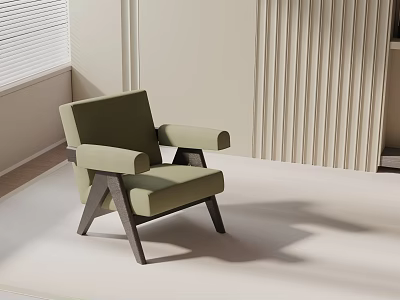 Olive Green Accent Chair With Dark Wood Frame In Modern Minimalist Room With Blinds 3d model