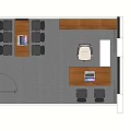 Modern Office Interior With Desks Black Chairs Wooden Bookcase And Gray Carpet