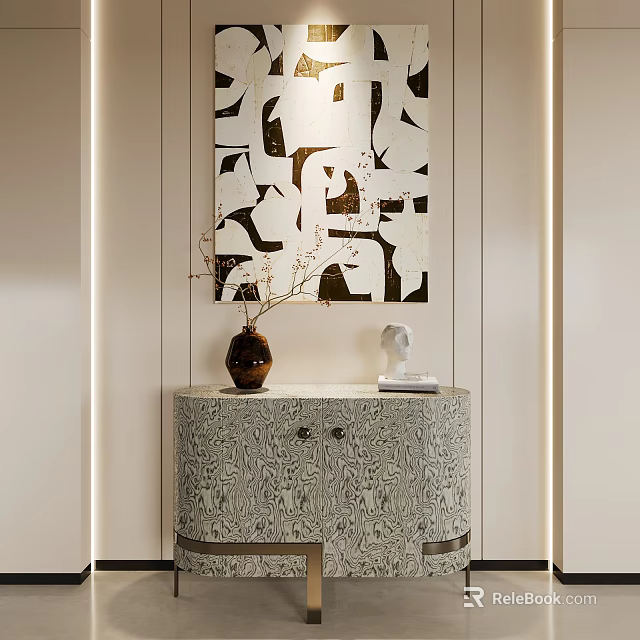 Modern Entryway Cabinet Console Table With Patterned Design Vase Sculpture And Wall Art 3d model 