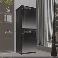Modern Double Layer Washing Machine In Living Room With Wooden Bookshelf And Green Plants