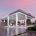 Modern Gas Station Exterior Design With Curved Canopy Sunset Sky And Trees