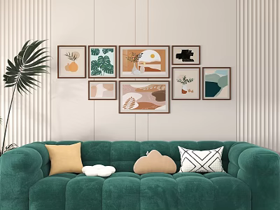 Modern Photo Wall with Various Artworks Above Green Sofa Throw Pillows and Green Plant 3d model
