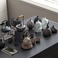 Minimalist Ceramic Tea Set Collection With Teapots Teacups On Dark Wooden Tabletop