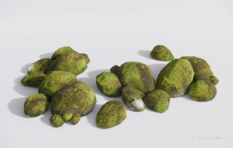 Green Moss Covered Stones And Wooden Elements For Natural Outdoor Landscaping 3d model 
