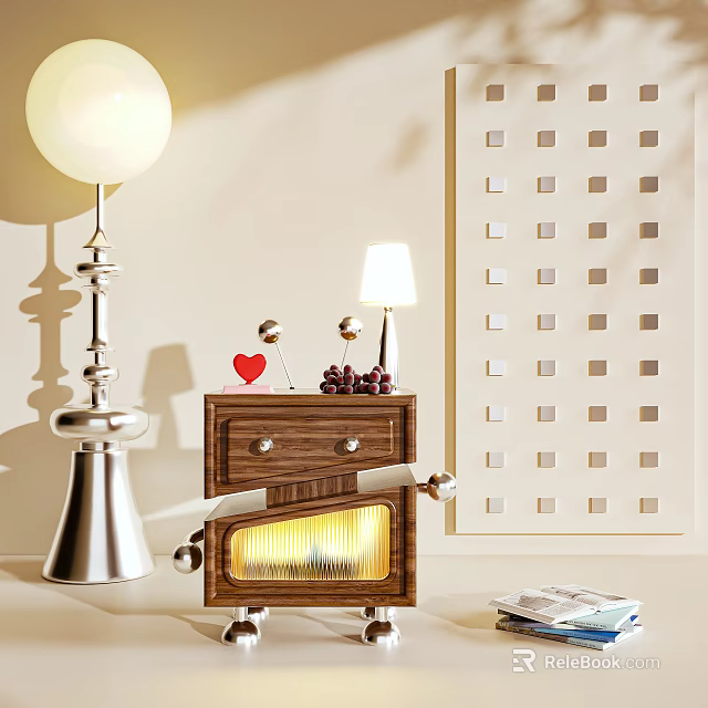 Stylish Wooden Entryway Side Cabinet With Table Lamp Perforated Wall And Decorative Ornaments 3d model 