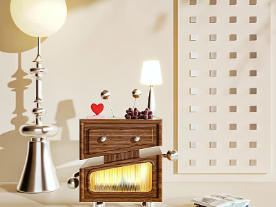 Stylish Wooden Entryway Side Cabinet With Table Lamp Perforated Wall And Decorative Ornaments 3d model